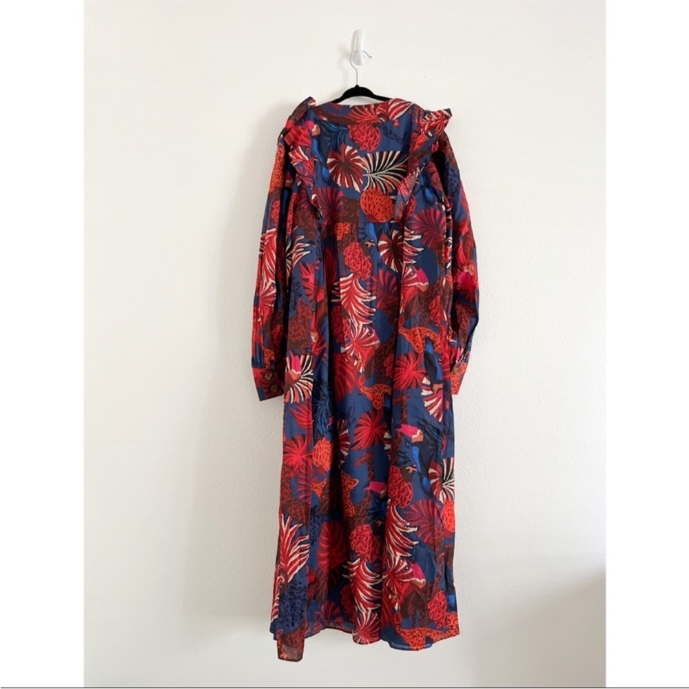 NWOT FARM RIO Red Blue Animal Tapestry Midi Tropical Flare Puff Sleeve Dress XS - Picture 5 of 9